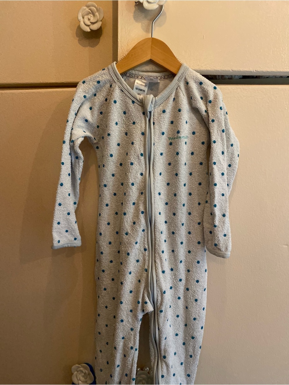 Bonds White Fleece One-Piece with Teal Dot Print